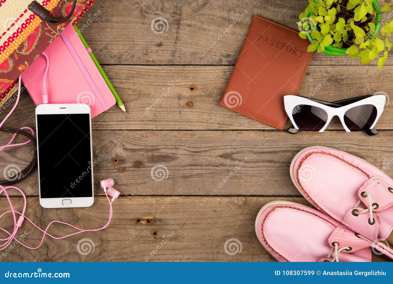Straw Bag, Smart Phone, Headphones, Sunglasses, Notepad, Pink Shoes and ...