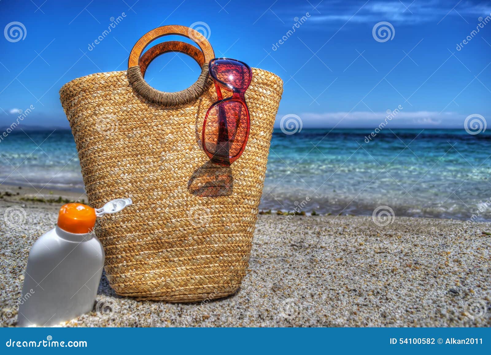 Straw Bag and Suntan Lotion by the Sea in Hdr Stock Photo Image of