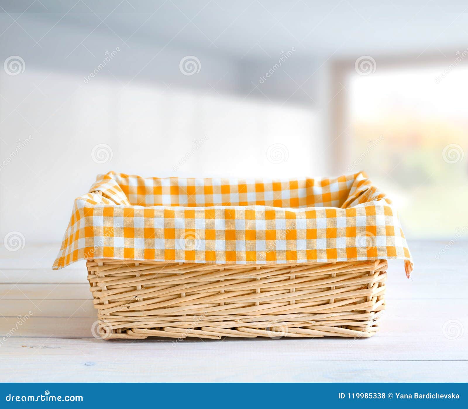 Straw Basket at Kitchen Table Empty Space. Stock Photo Image of