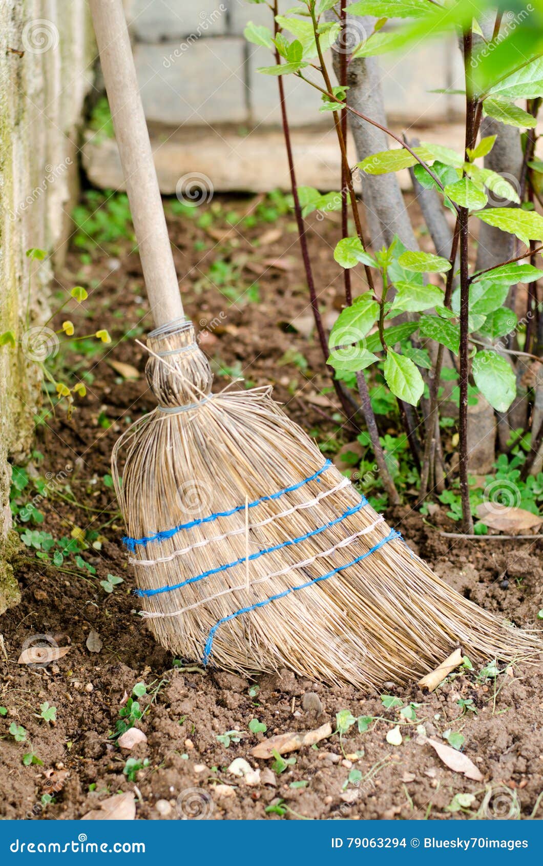 Straw broom ta the garden stock photo. Image of design 79063294