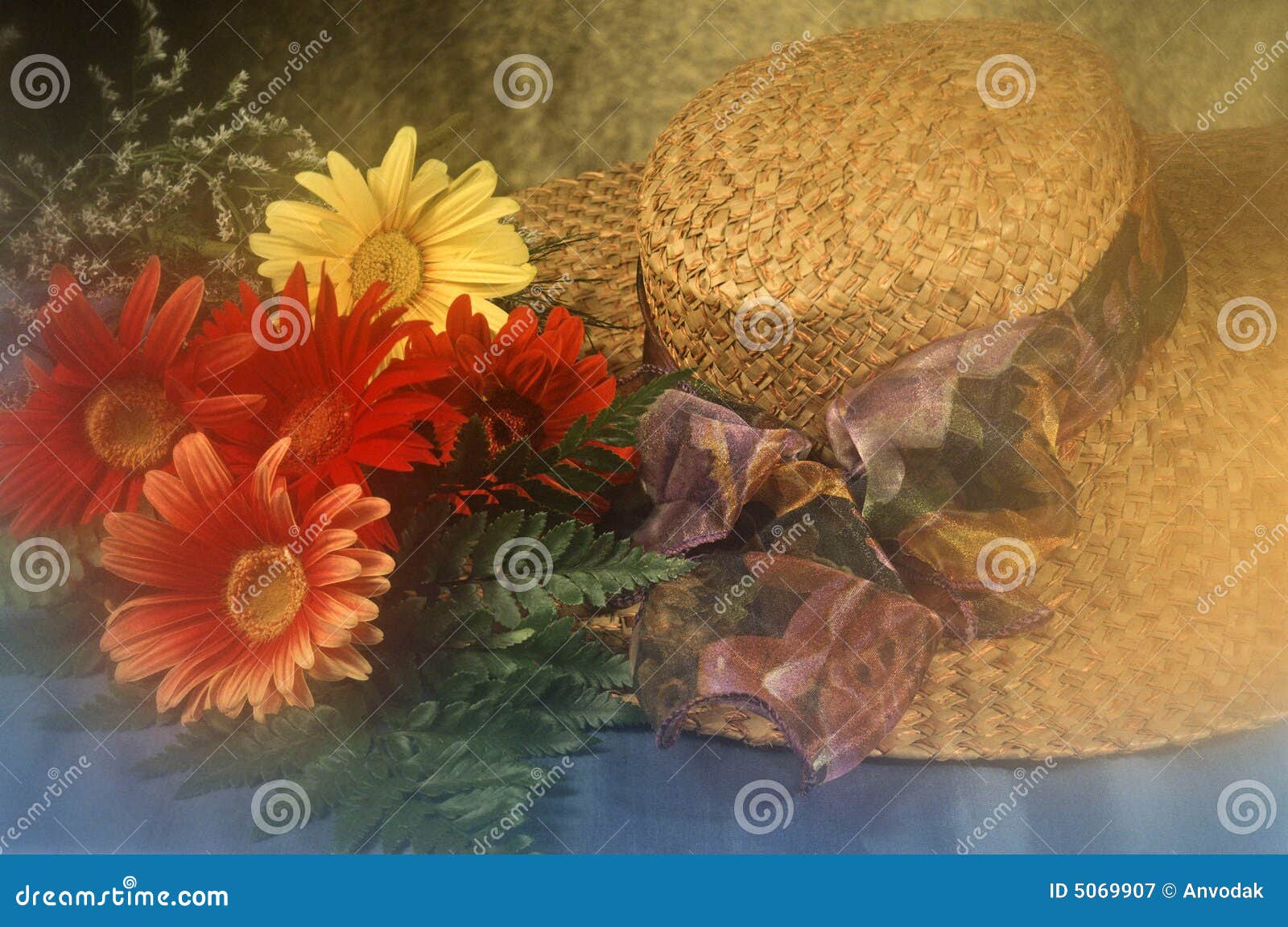 Straw hat with a flowers stock image. Image of closeup 5069907