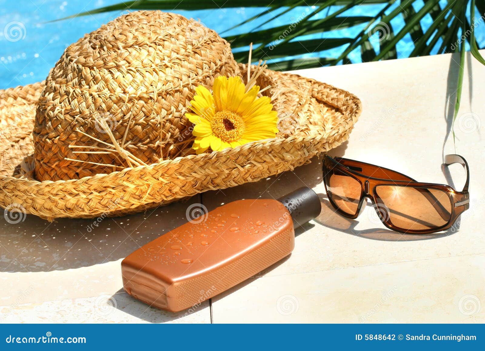 straw hat, glasses and suntan lotion