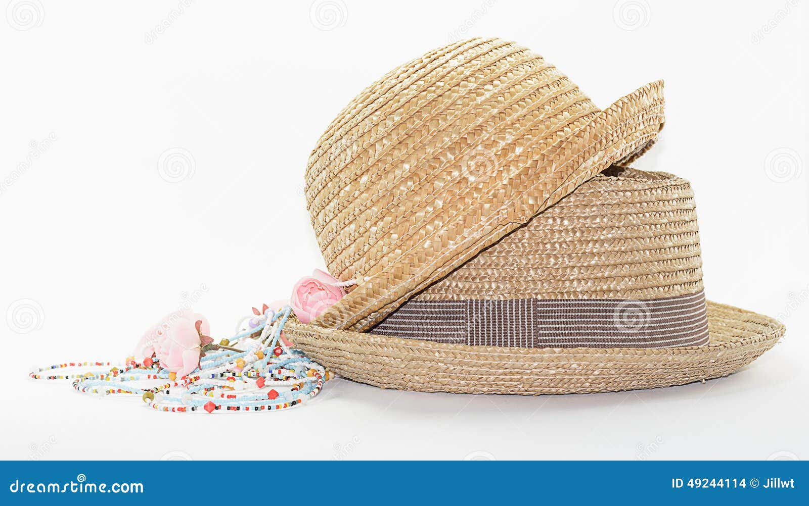 Straw hat with necklace stock photo. Image of texture 49244114