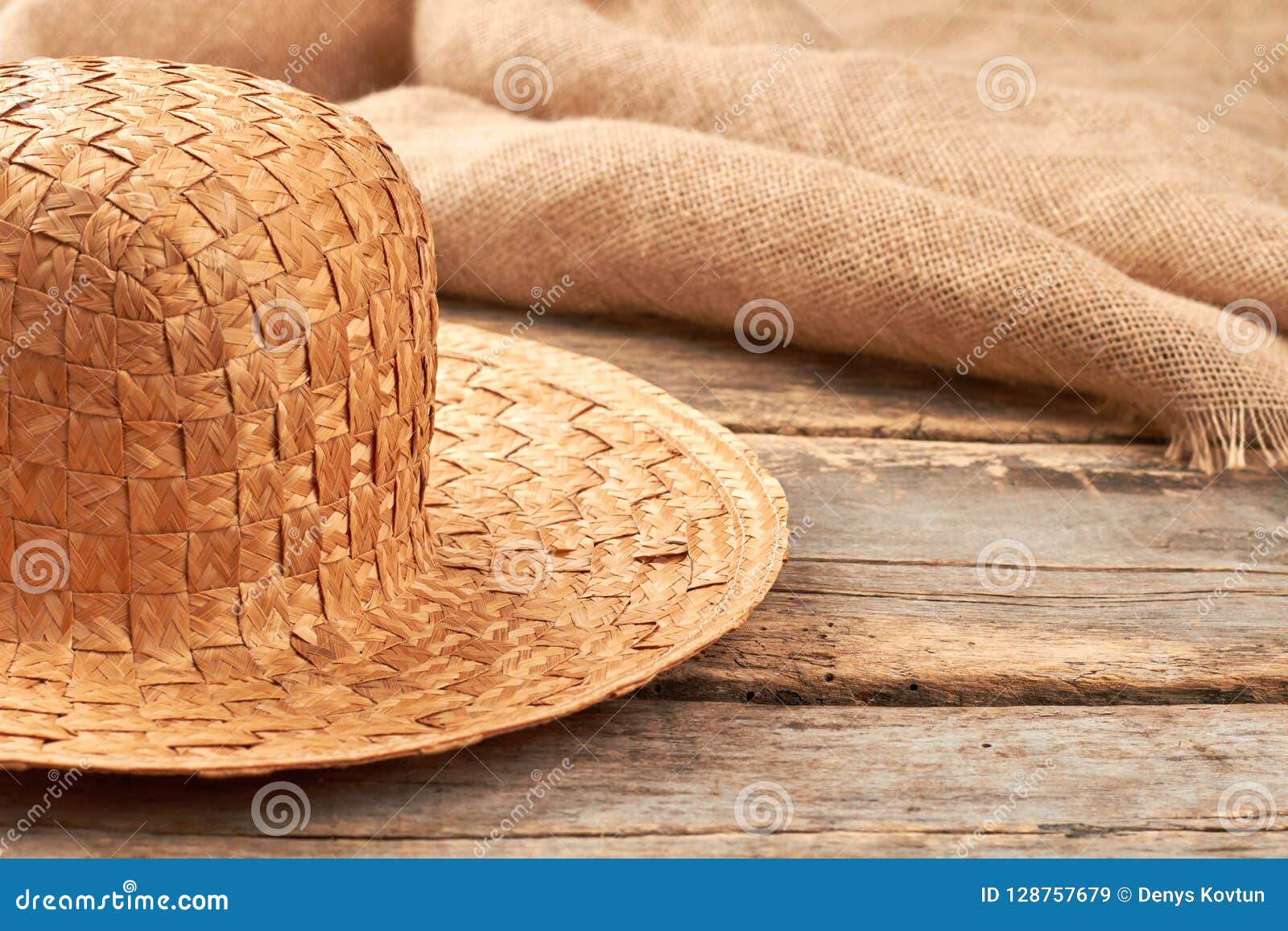 Straw Hat on Rustic Wooden Background. Stock Image - Image of napkin ...