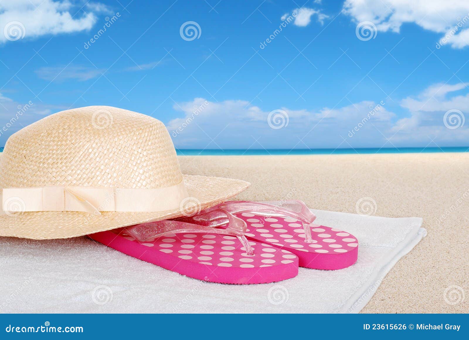 Straw Hat Sandals on a Beach Towel Stock Photo Image of scene, shore