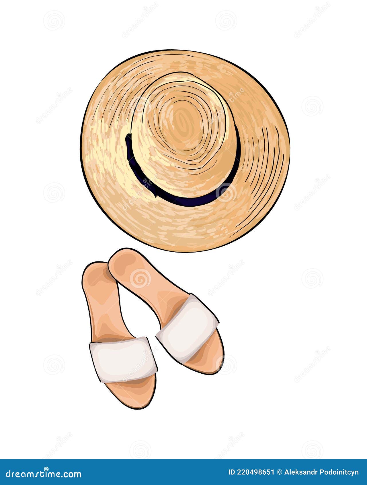 Straw Hat And Slippers From A Splash Of Watercolor, Colored Drawing