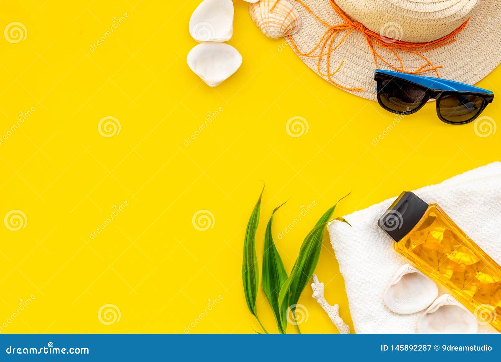 Straw Hat, Sun Glasses, Shells and Sunblock Cream for Sea Vacation on ...