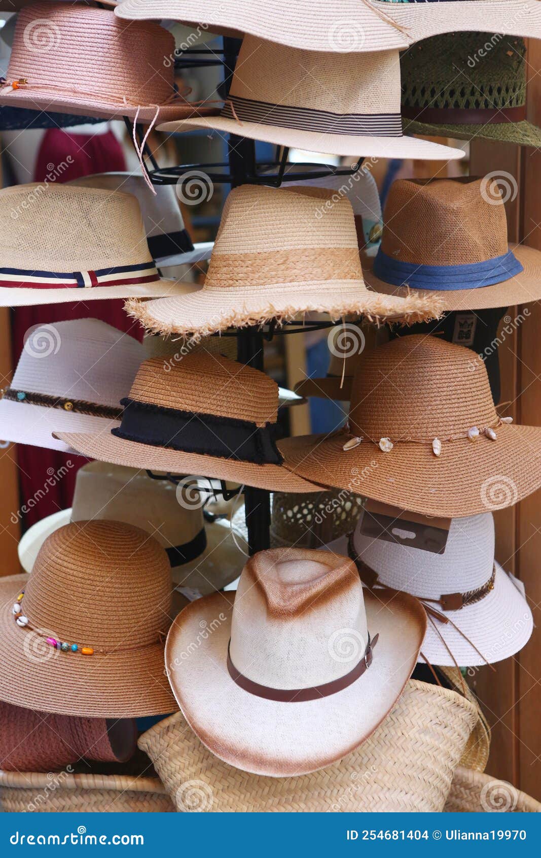 Straw Hats Assortment on the Spanish Outdoor Shop Closeup Photo Stock ...