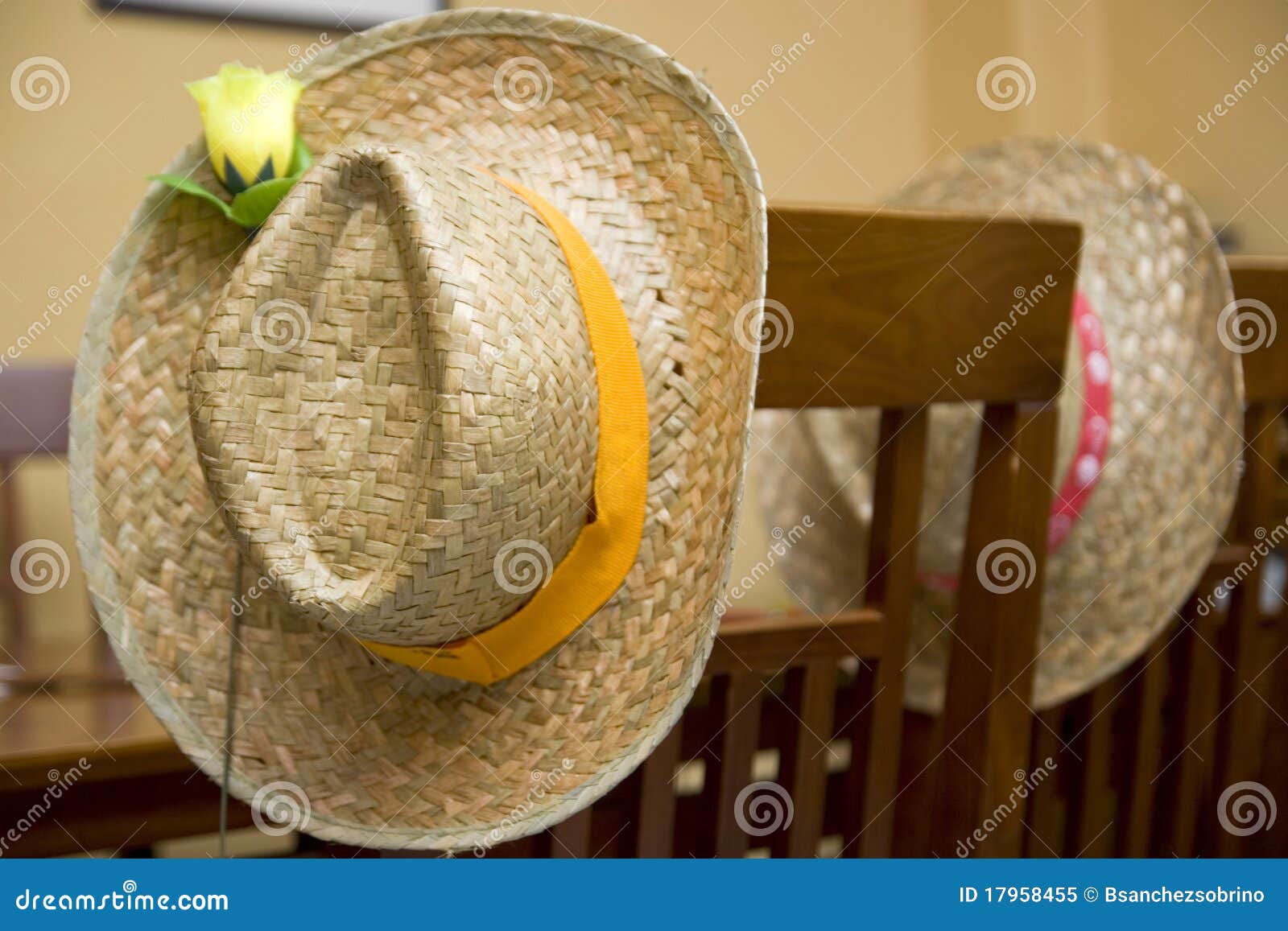 Straw Hats on Wooden Chairs Stock Image - Image of flower, hanging ...