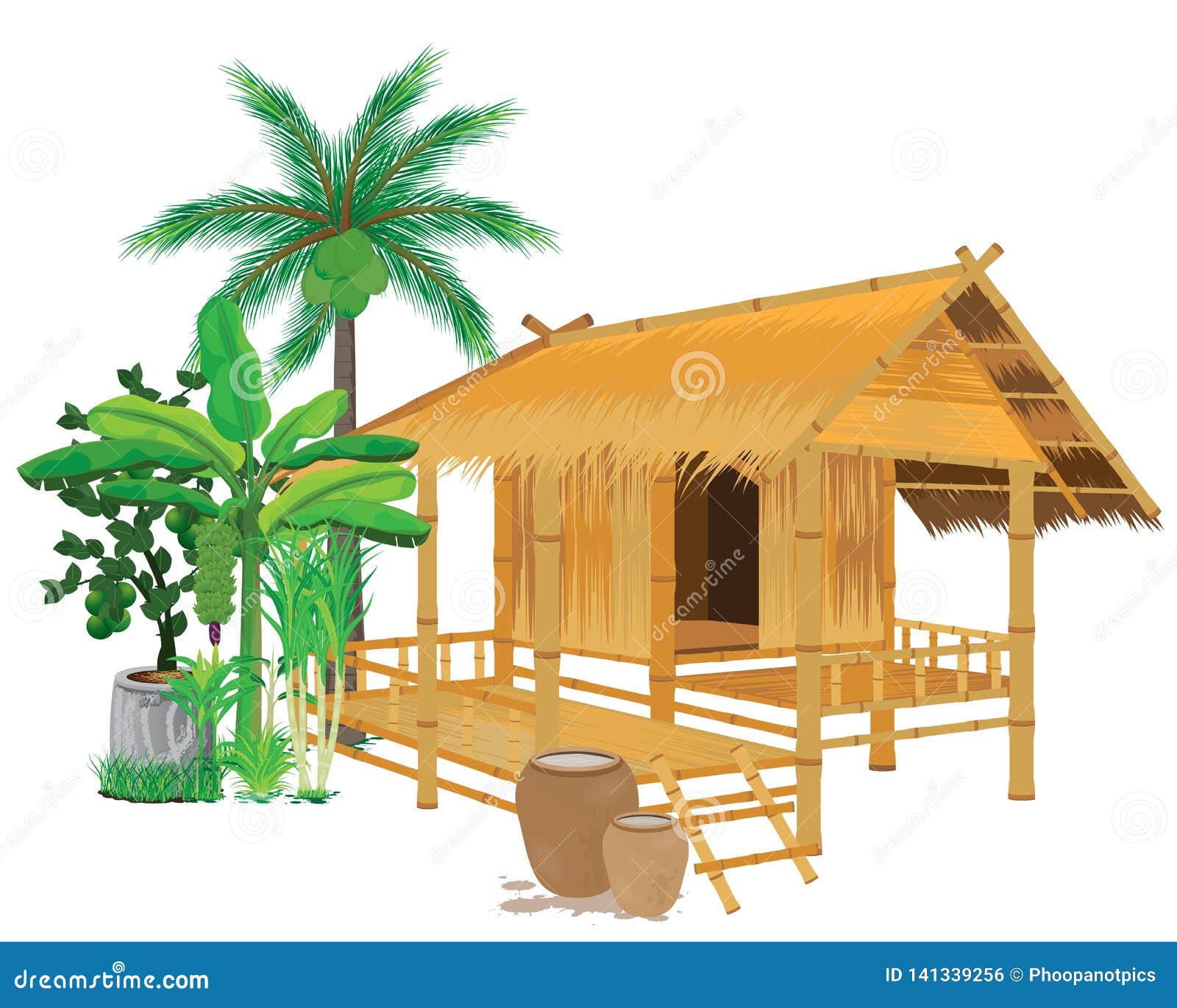 Straw hut with vegetable stock vector. Illustration of sugarcane