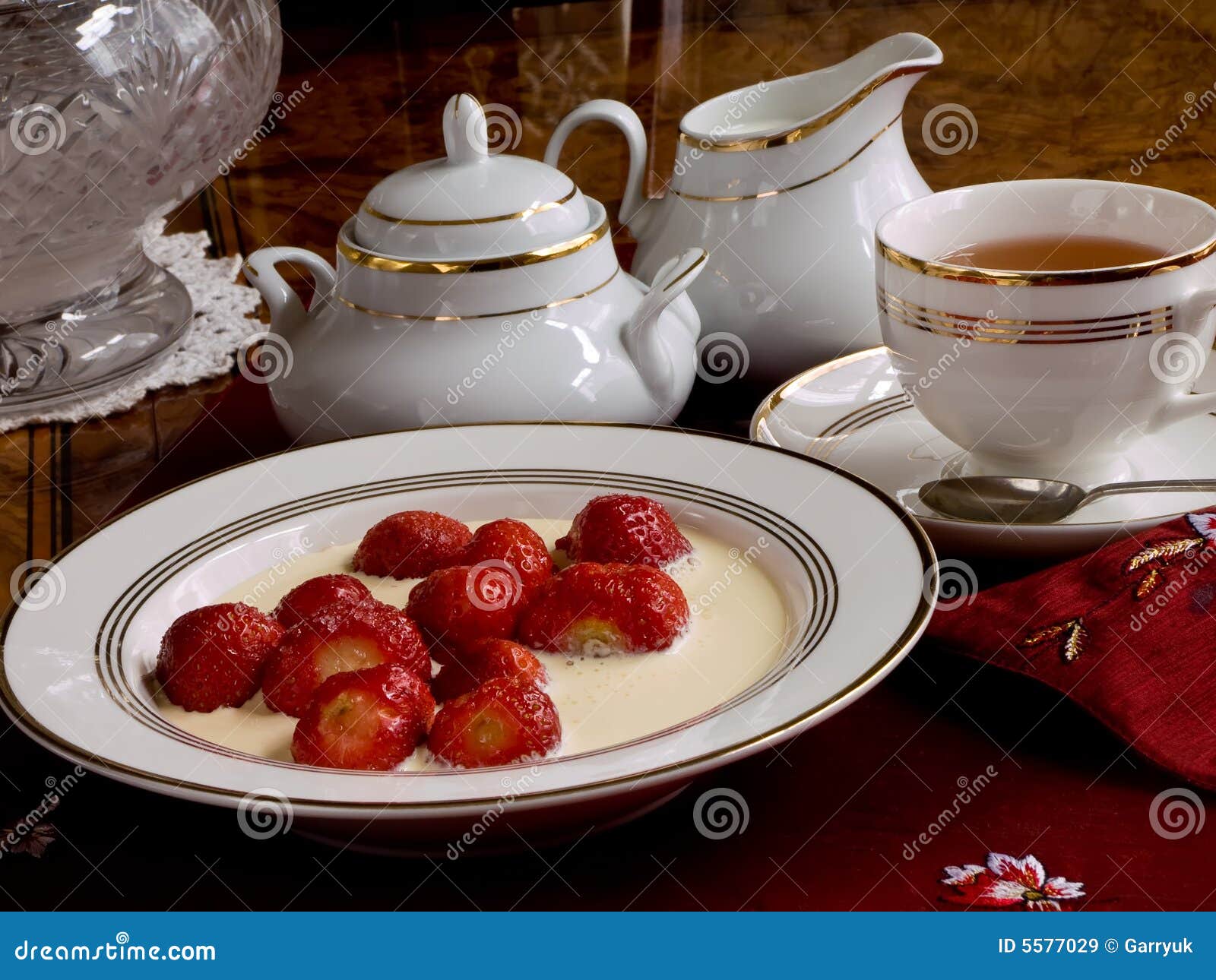 Strawberries with Cream and Tea. Stock Image Image of cream, dessert