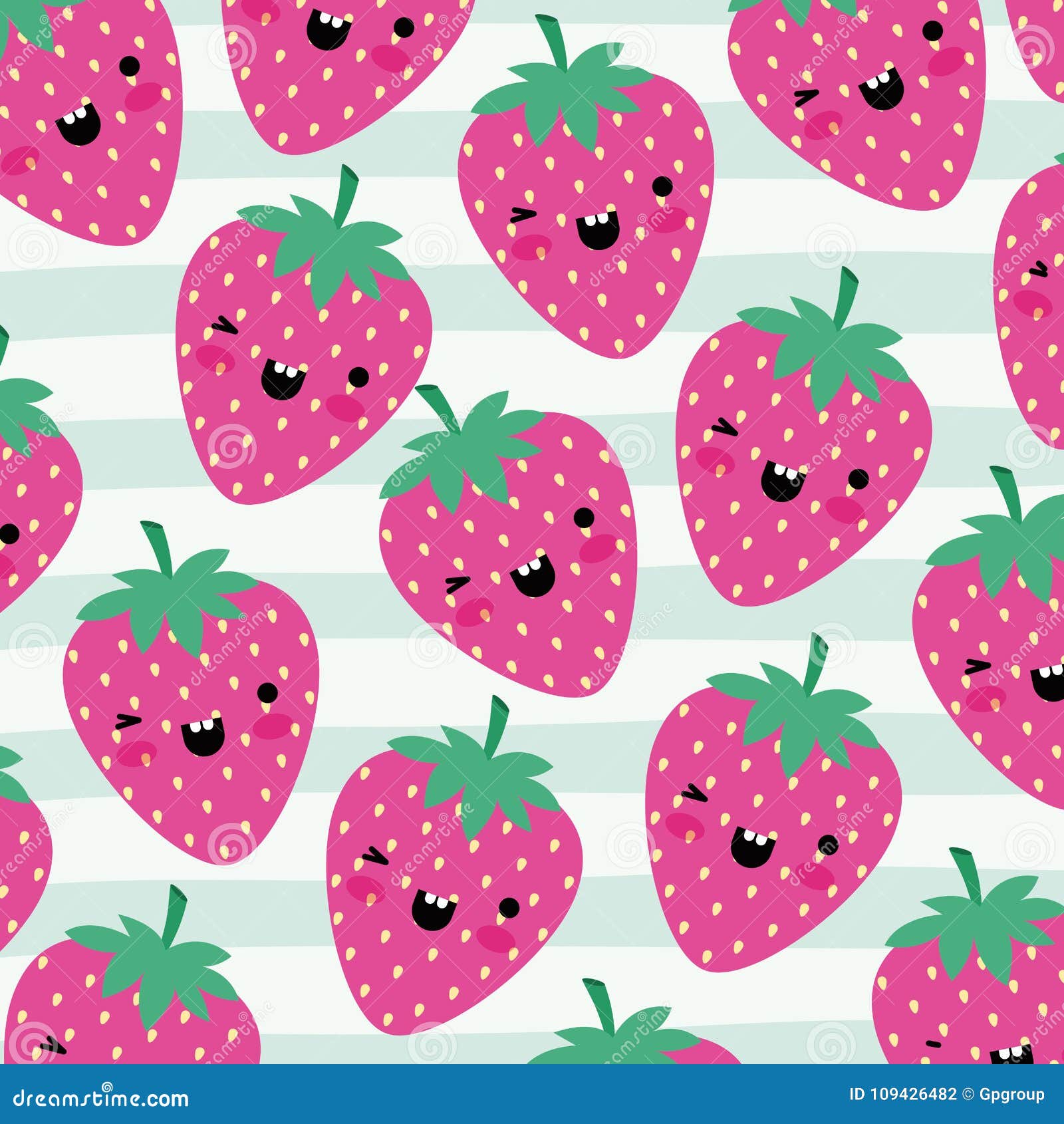 Strawberries Kawaii Fruits Pattern Set on Decorative Lines Color Background  Stock Vector - Illustration of cute, expression: 109426482