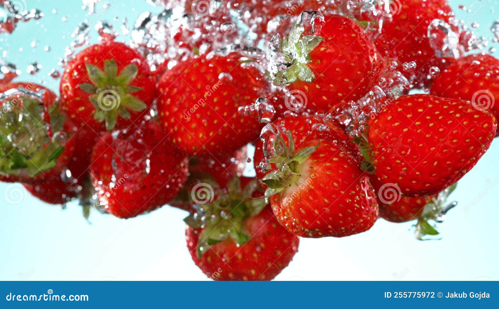 Strawberries Pieces Falling Underwater on White Background Stock Photo