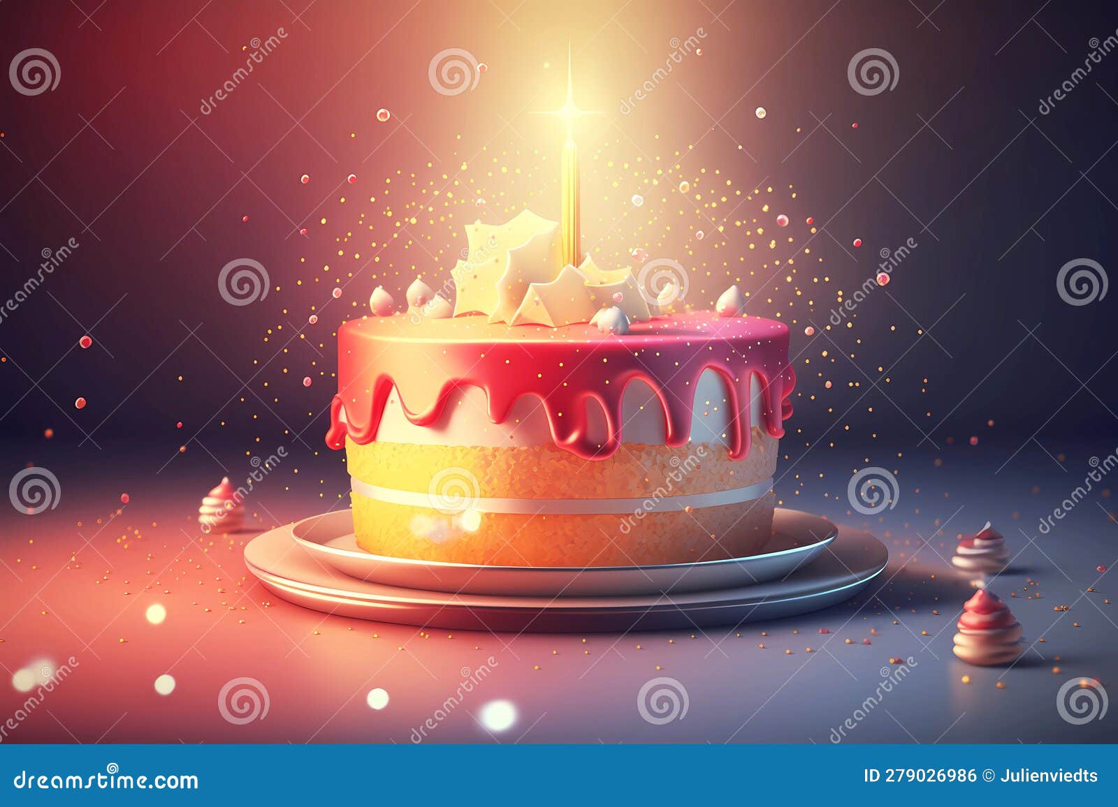 Strawberry Birthday Cake with a Candle. Generative Ai Stock