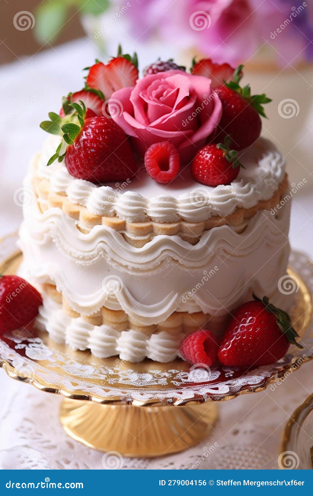 strawberry cream bridal cake with floral decorations