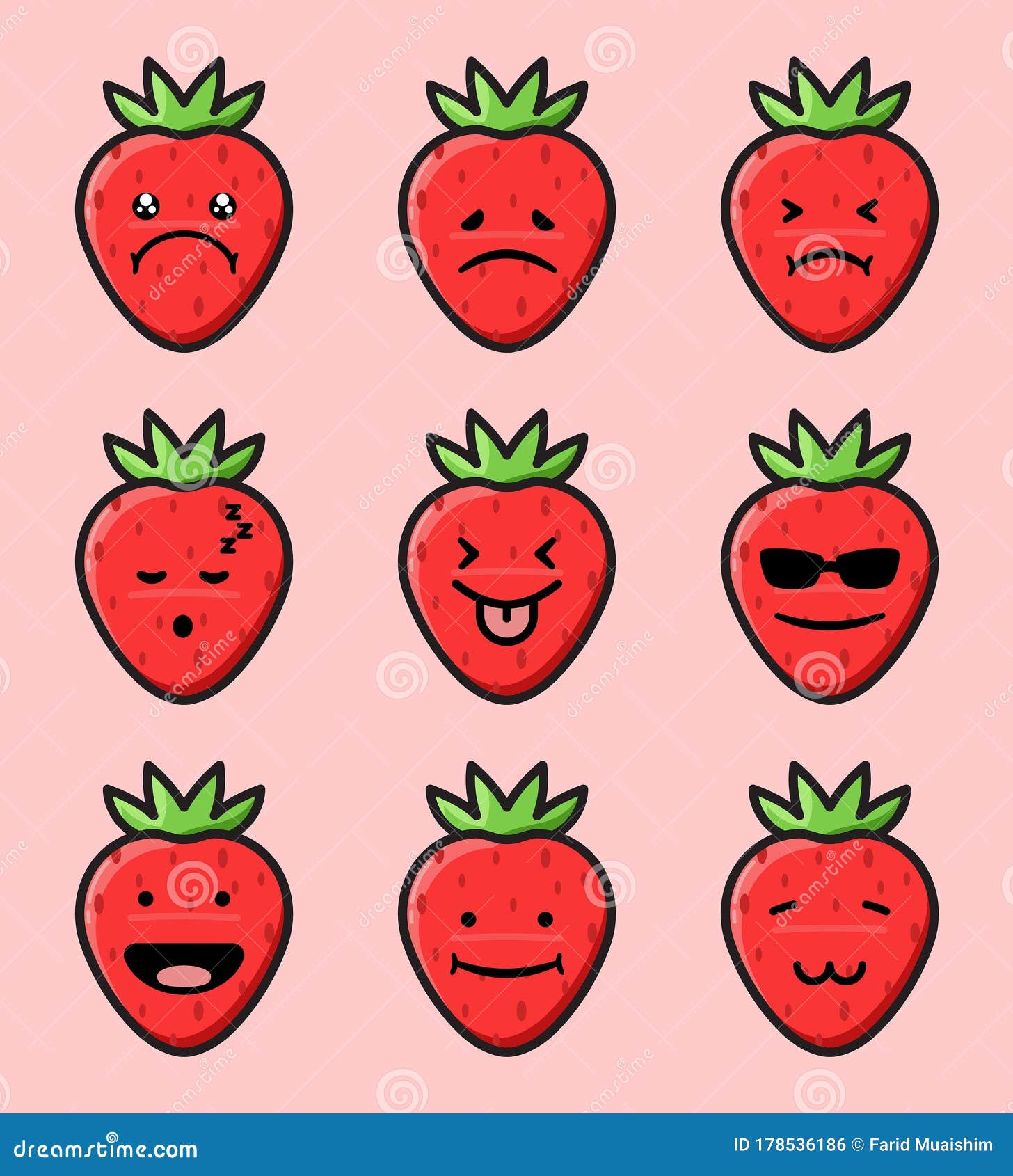 Set of 9 Modern Flat Emoticons Cute Cartoon Strawberry with Different