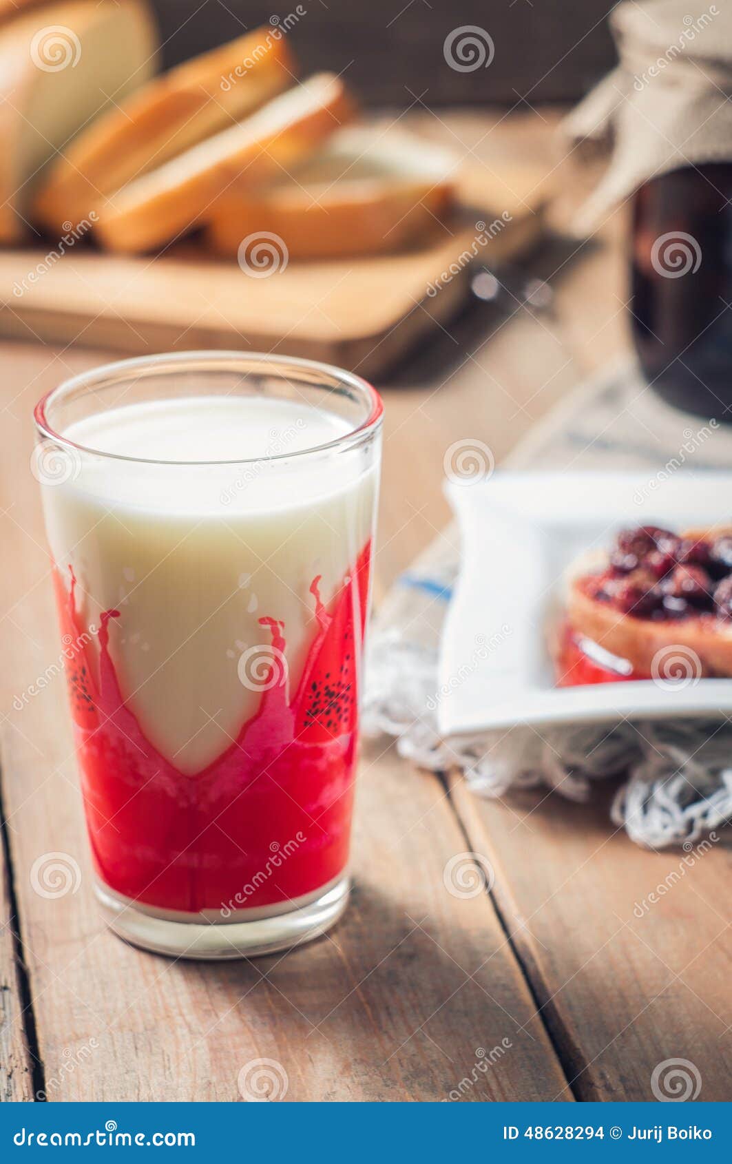 Strawberry Jam, Bread And Milk On The Table Stock Photo Image of