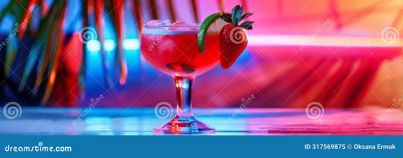 strawberry margarita cocktail on color neon background, tropical mocktail, beach party coctail
