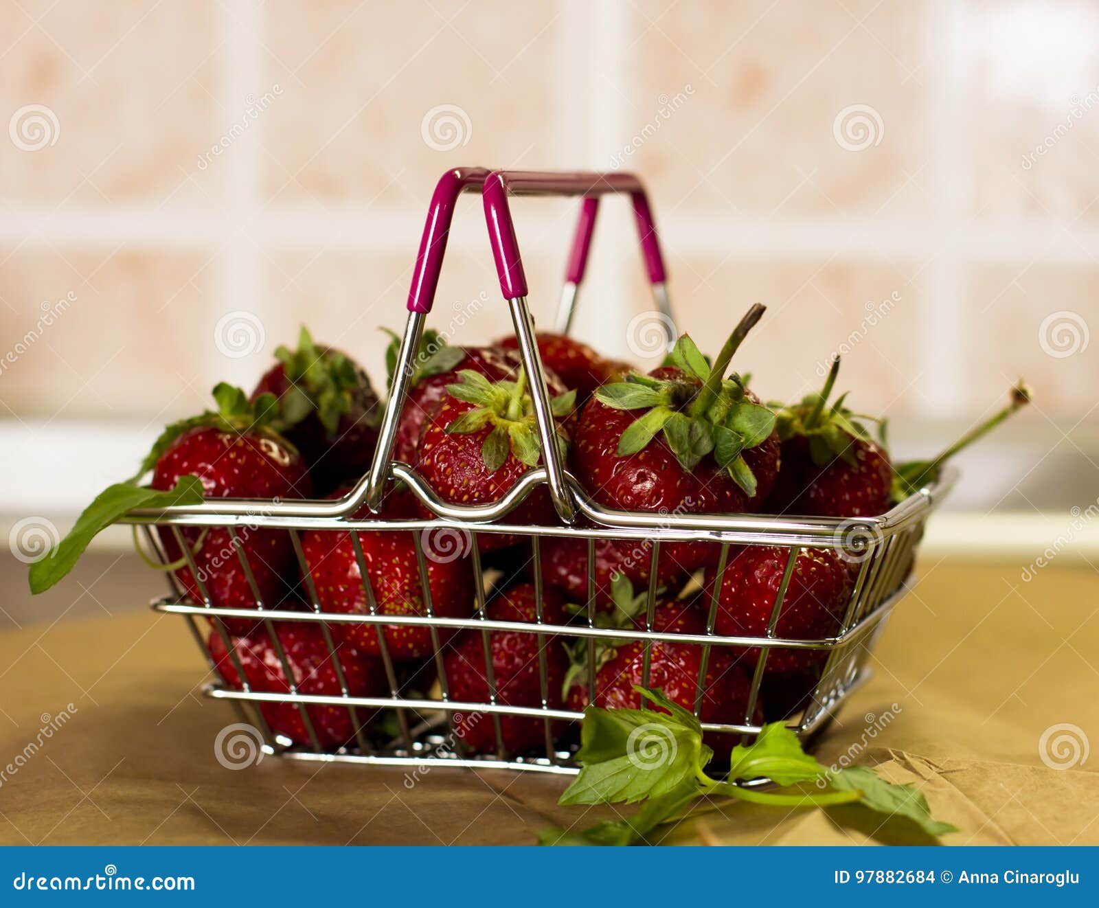 Strawberry and Mint in a Shopping Basket Stock Photo Image of