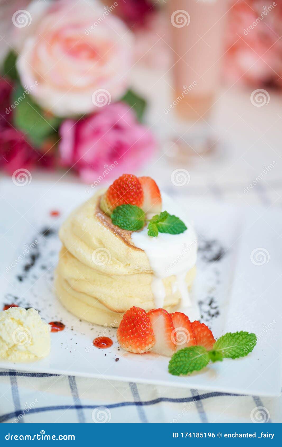 Strawberry Pancake or Ichigo Souffle Pancakes with Soft Focus on ...