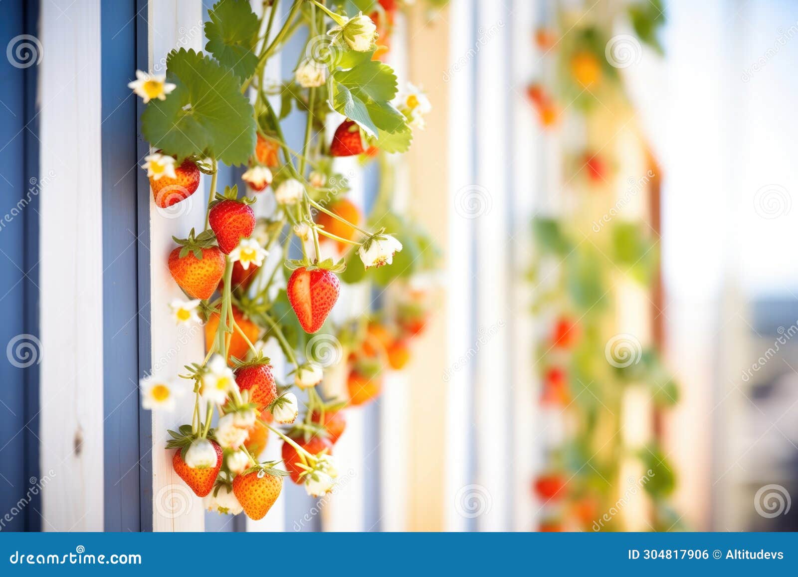Strawberry Plants Bearing Fruit in a Vertical Hydroponic Wall Stock