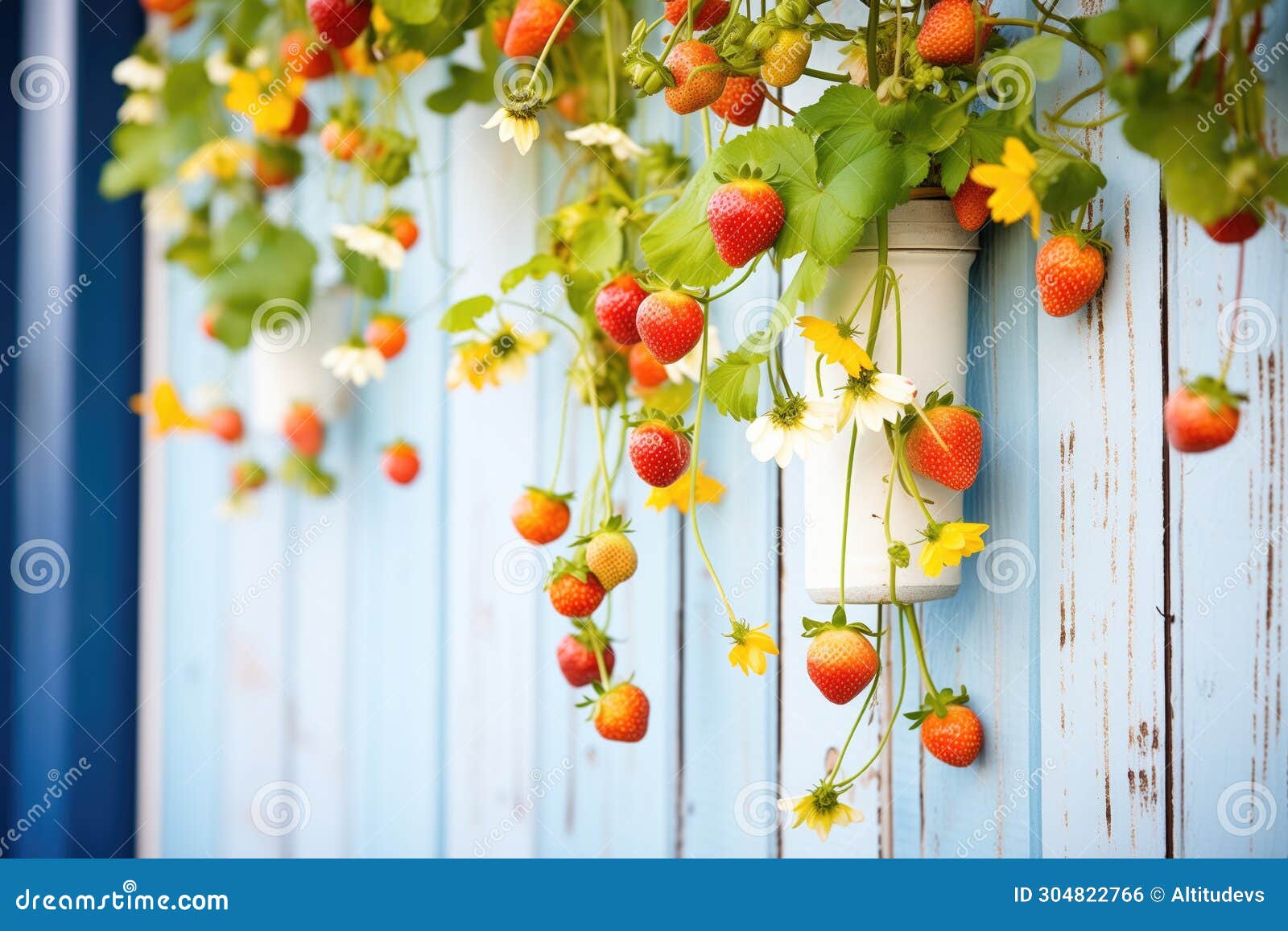 Strawberry Plants Bearing Fruit in a Vertical Hydroponic Wall Stock