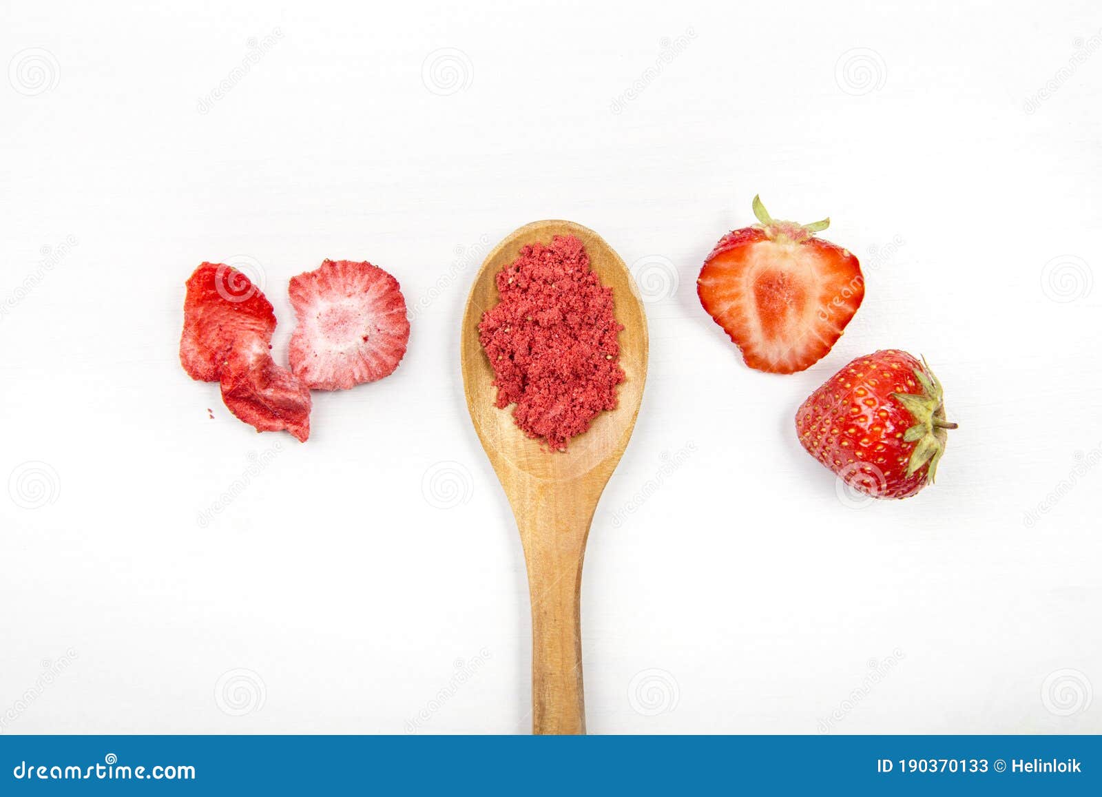 strawberry powder made of freeze dried strawberries for sprinkle. flavor and color ingredient for food. top view  white minimal ba