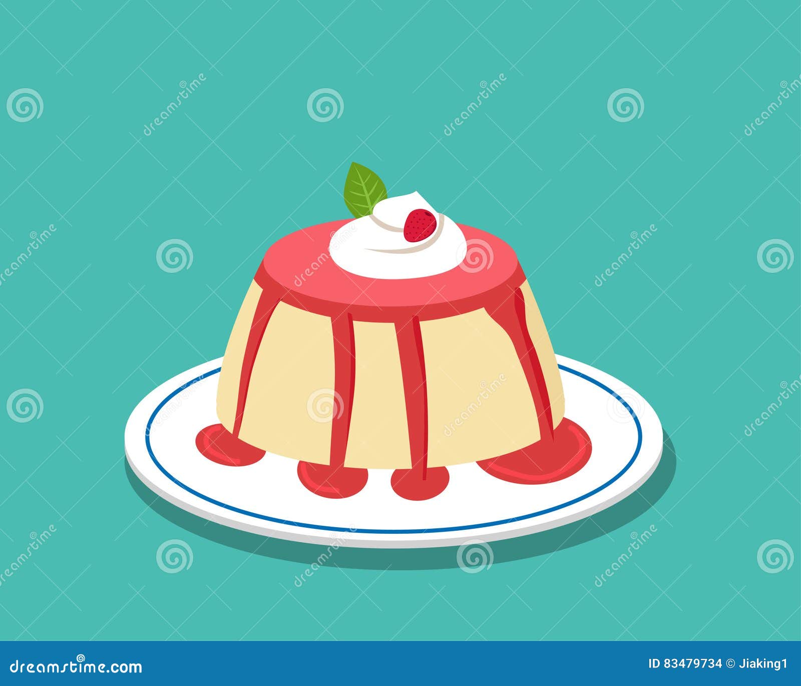 Strawberry Pudding Cake Cartoon Character With Love Cute Emoticon