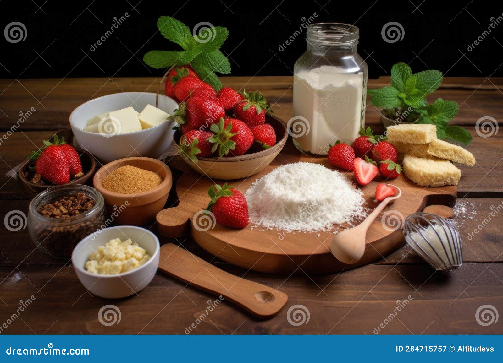 Strawberry Shortcake Ingredients Arranged on Wooden Surface Stock Image