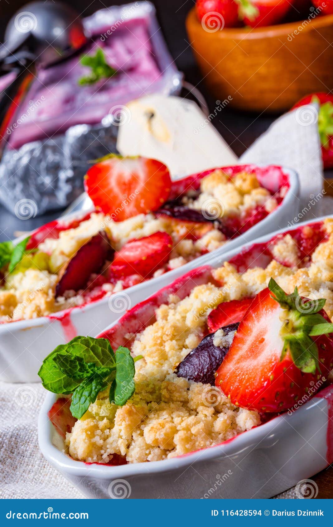 Strawberry Tart with Vanilla Pudding and Ice Cream Stock Photo Image