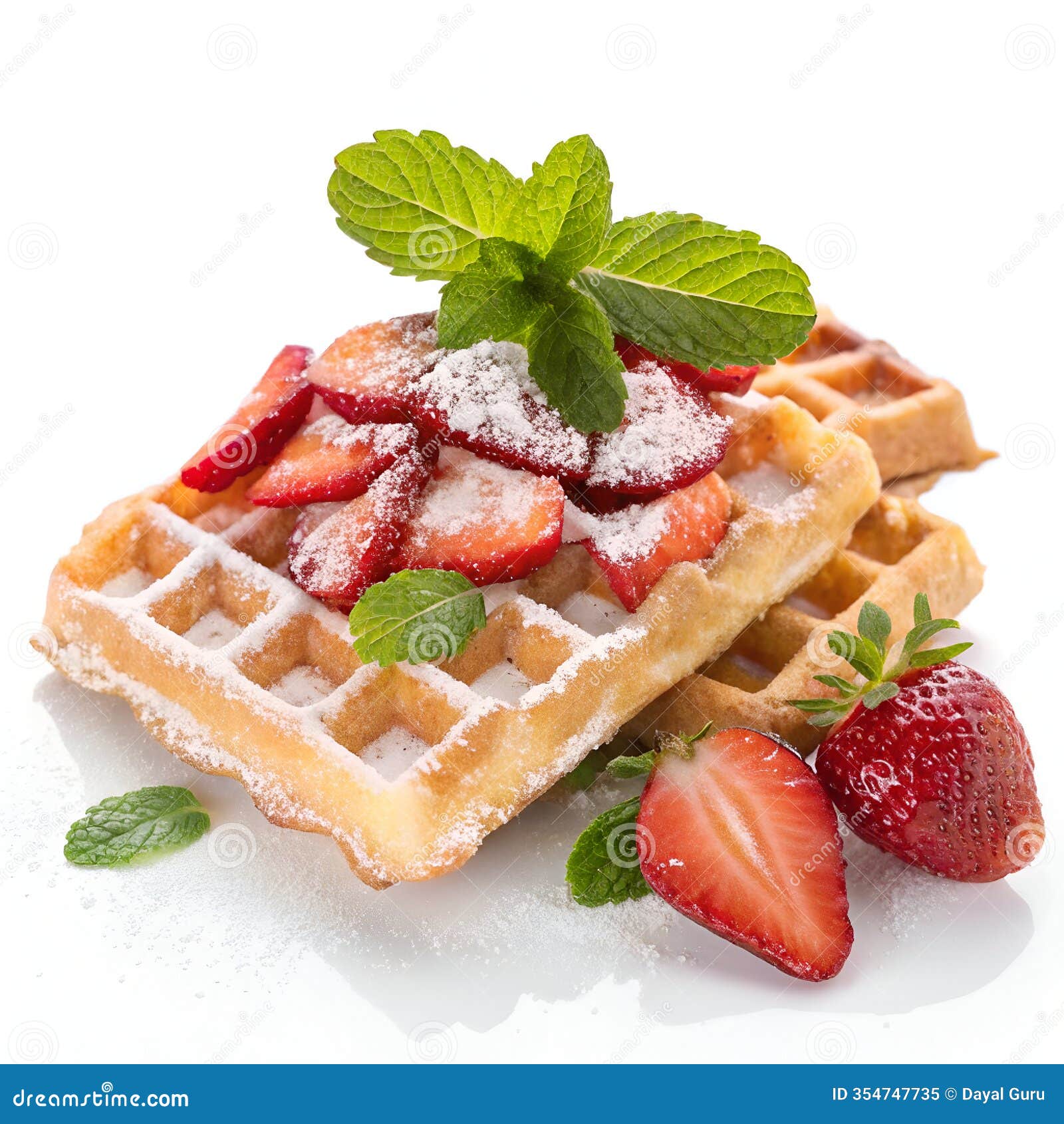 strawberry waffle with powdered sugar and mint  on transparent background