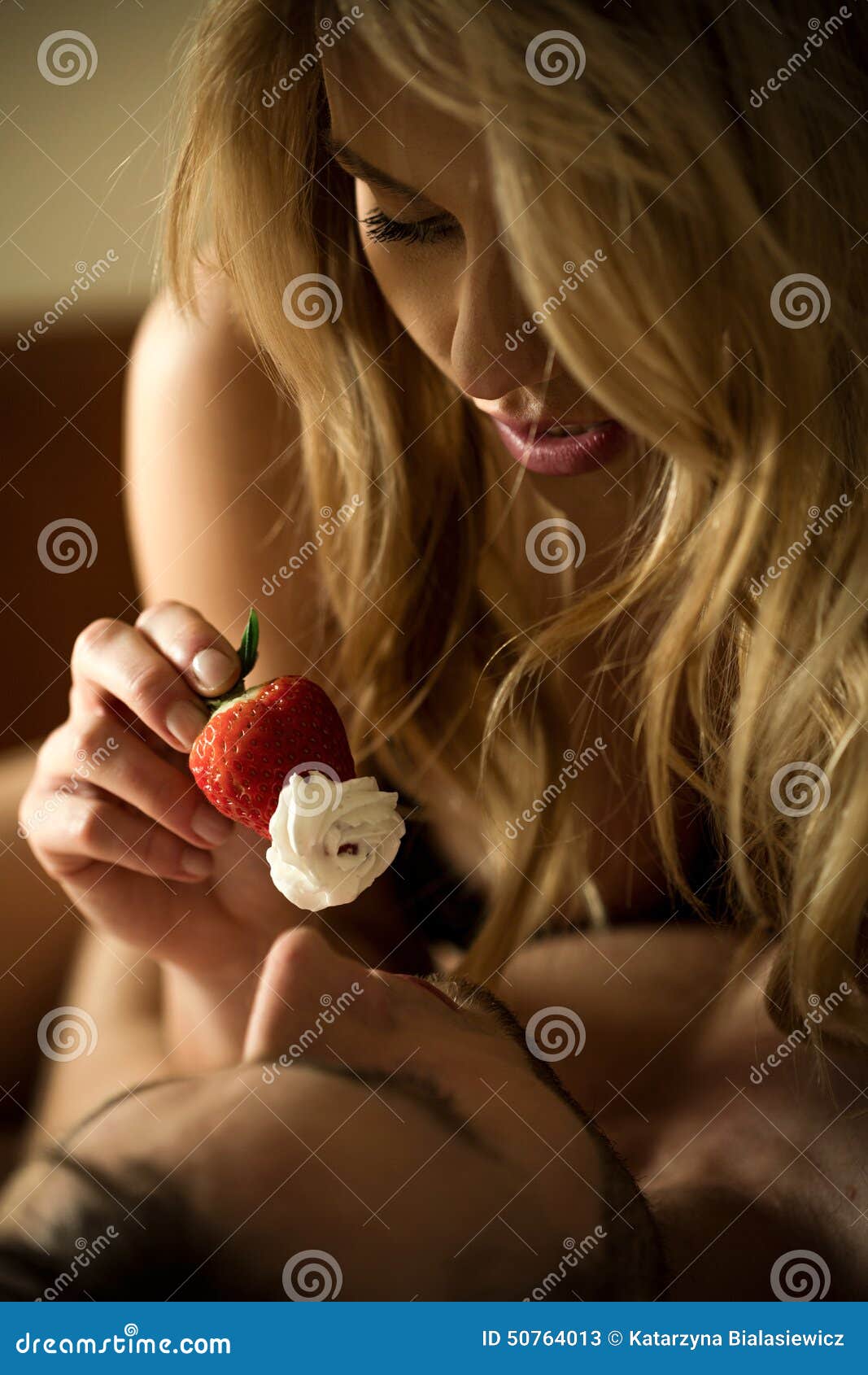 Strawberry with Whipped Cream Stock Image - Image of romance
