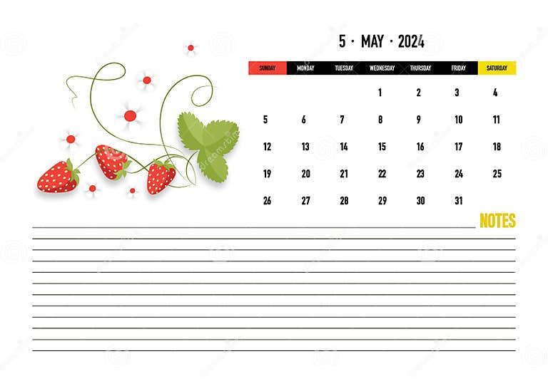 Strawberry, Wild Strawberry. May, Month 2024. Calendar Template for