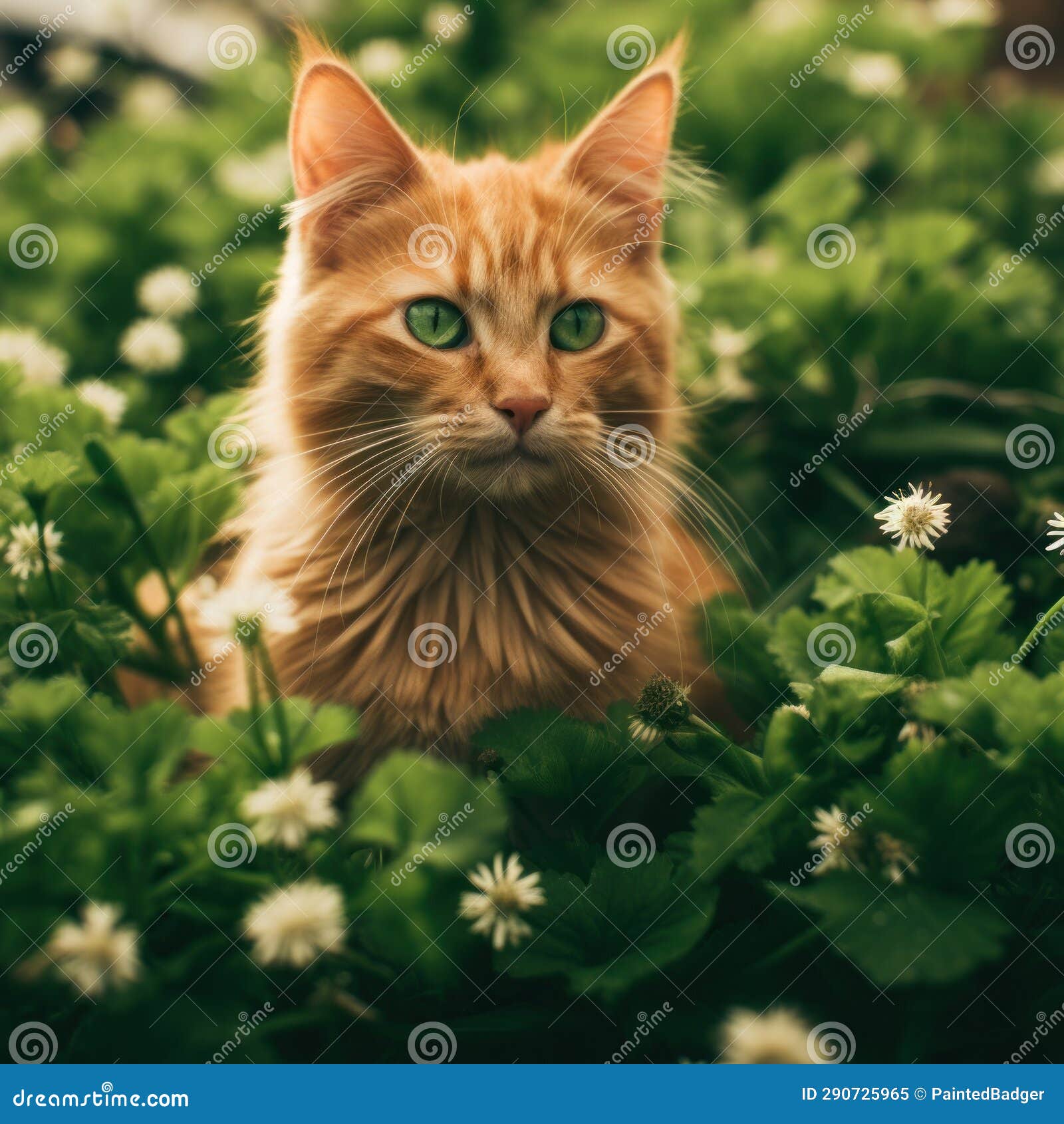 Stray Ginger Cat in a Meadow, Green and Orange Stock Illustration