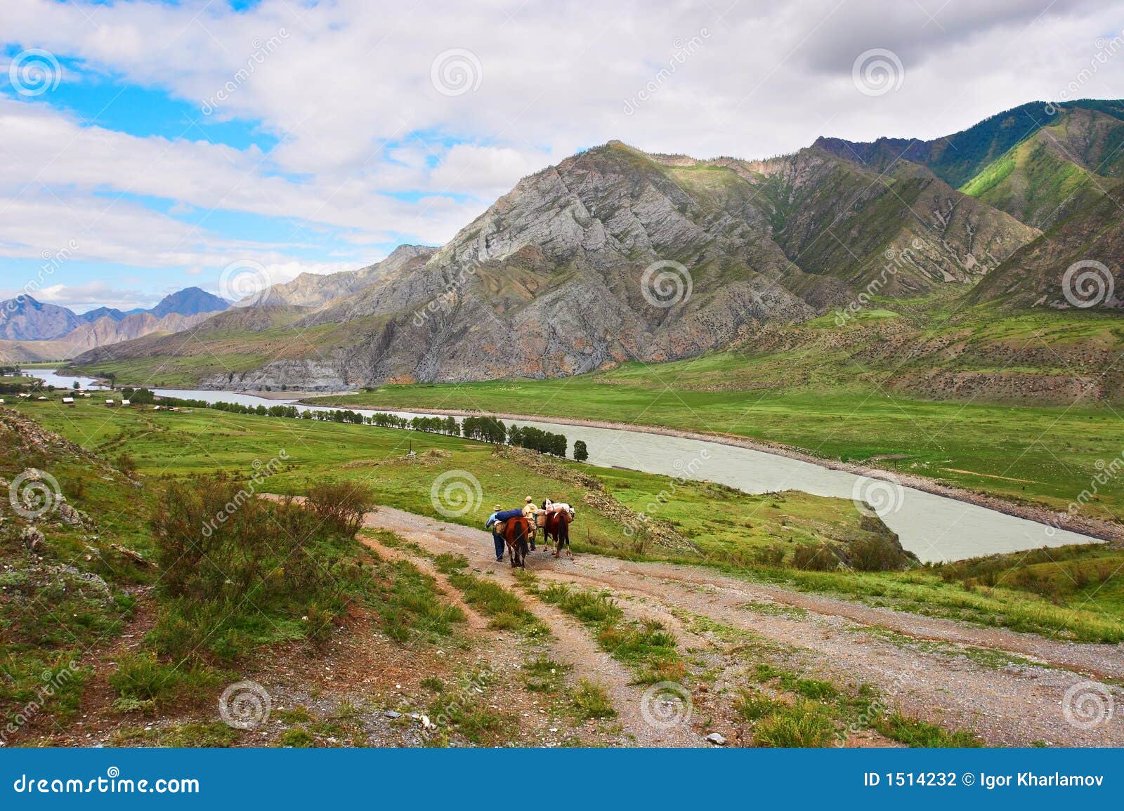 Straße, Berge, zwei Pferde und Mens. Altay. Russland.