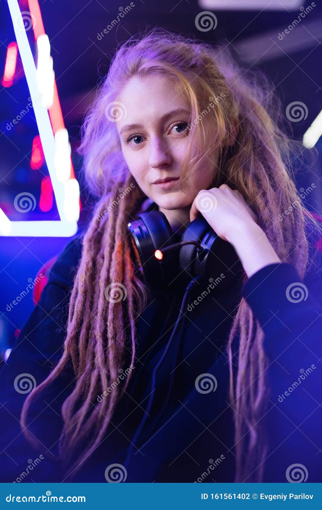 Streamer Beautiful Girl Professional Gamer Smile Playing Online Games  Computer with Headphones, Neon Color Stock Photo - Image of game, display:  161561402