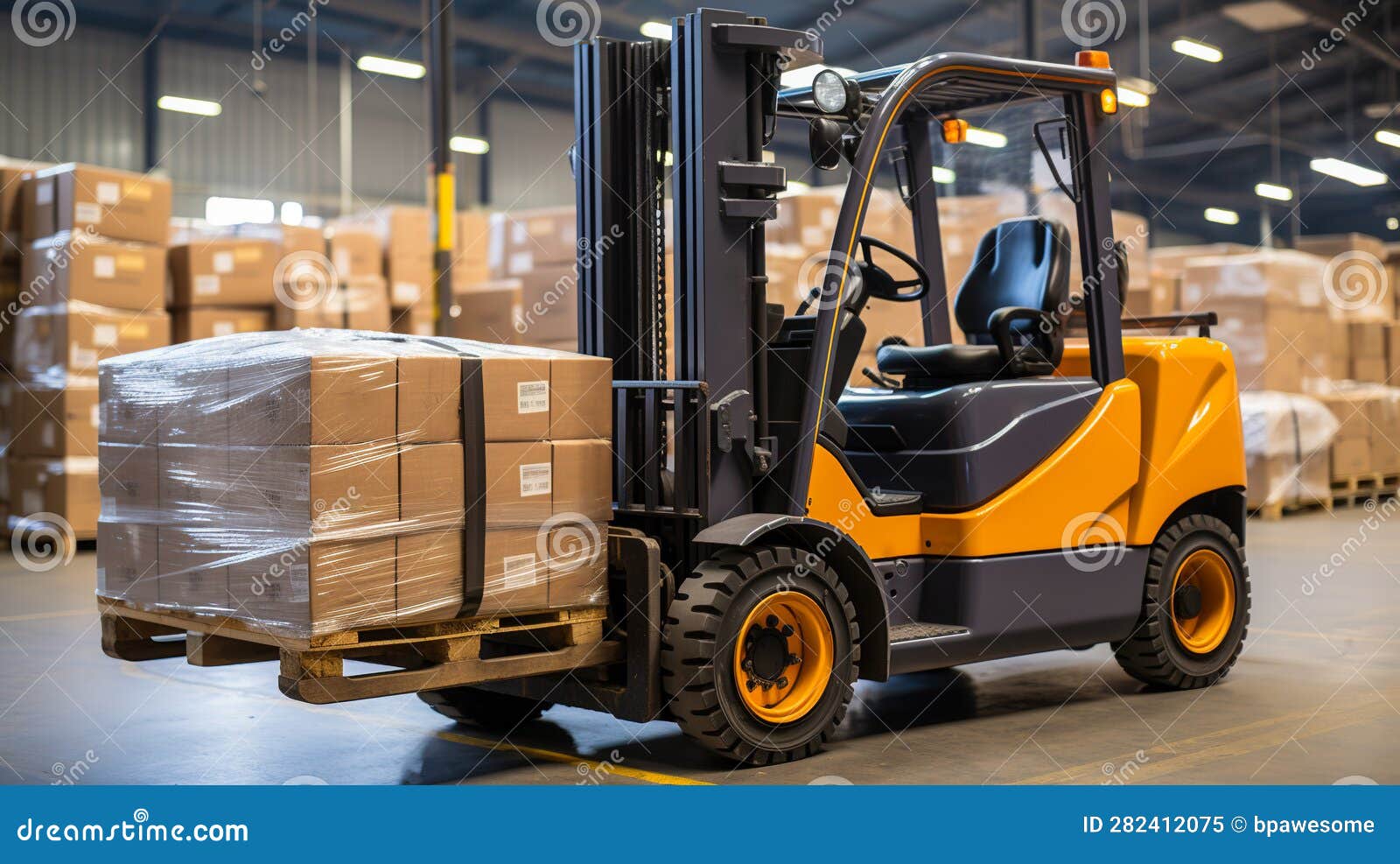 Streamlined Logistics, Bright Warehouse with Forklift Moving Boxes