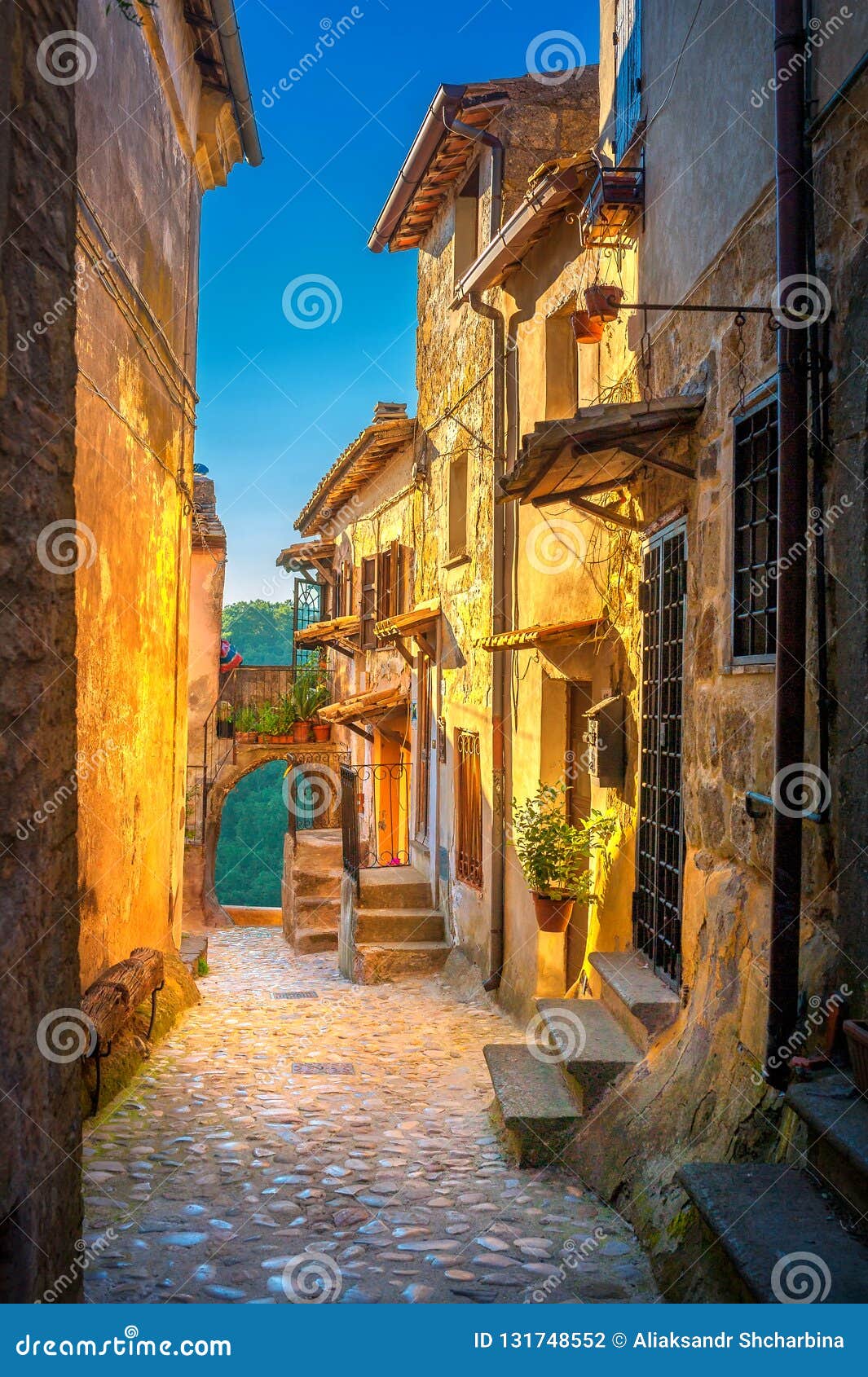 A Street in a Beautiful Small Medieval Village in Tuscany at Sunset