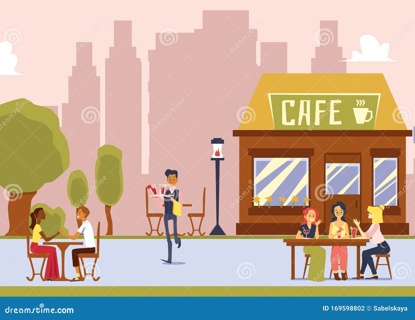 Street Cafe  With Outdoor  Seating Cartoon  Waiter Serving 