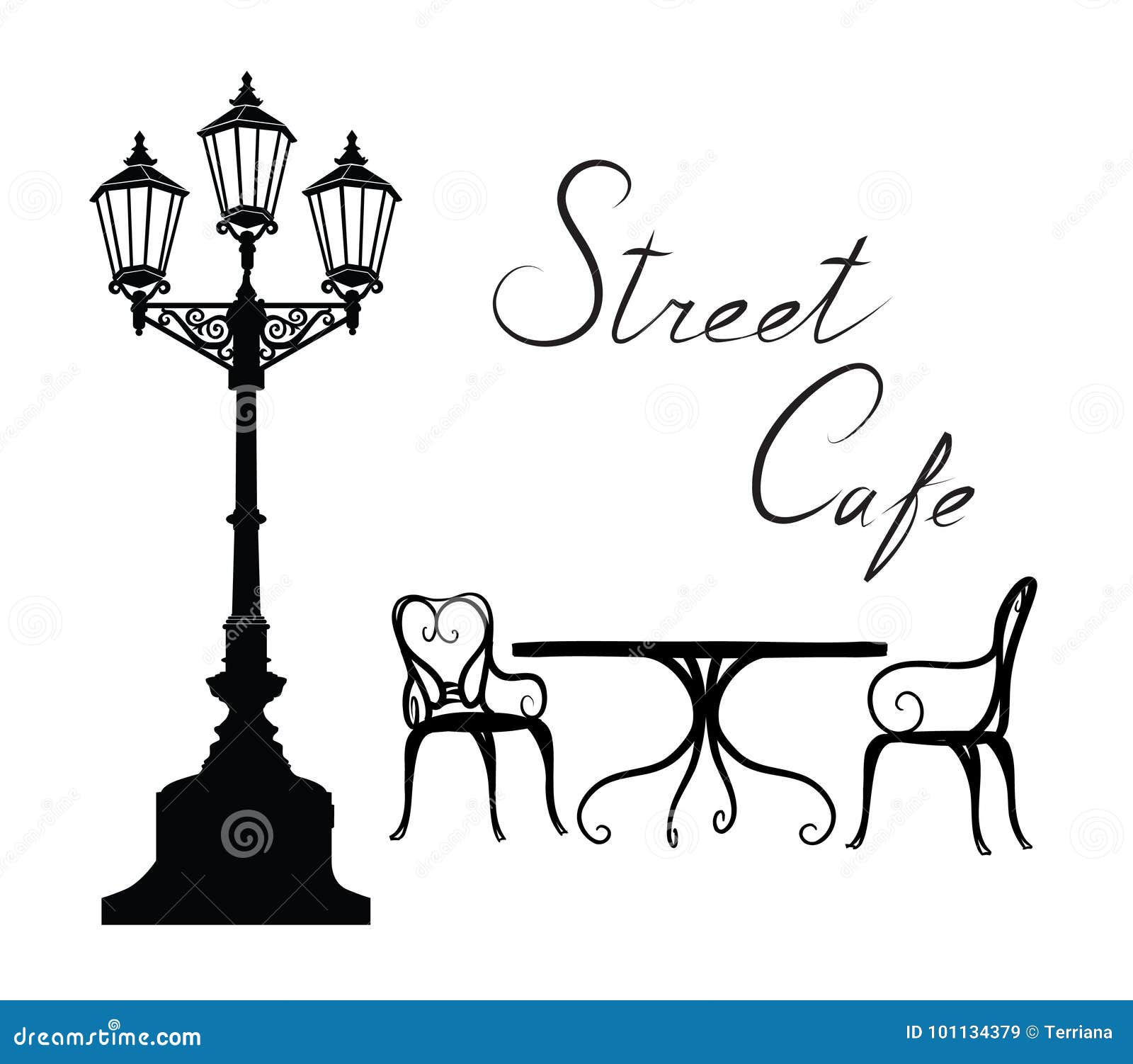 street cafe - table, chairs, streetlight and lettering city life