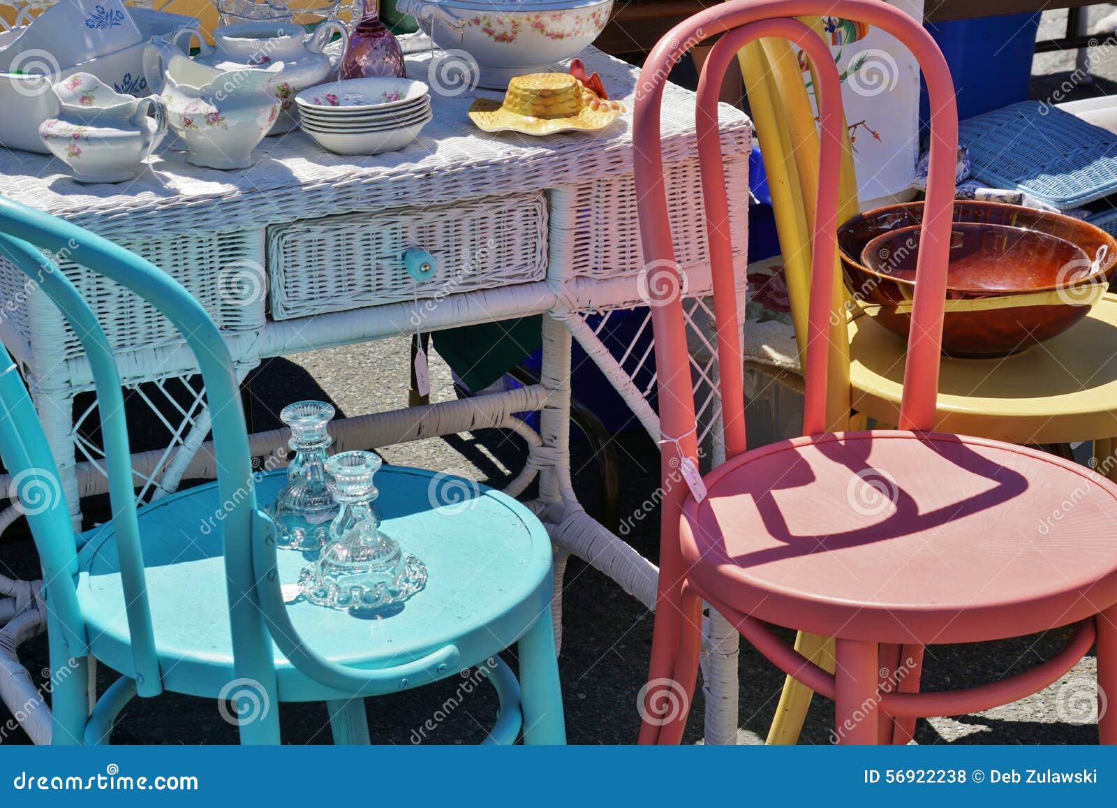 Street Fail Garage Sale Vintage Antique Dishes On Wicker Desk Next