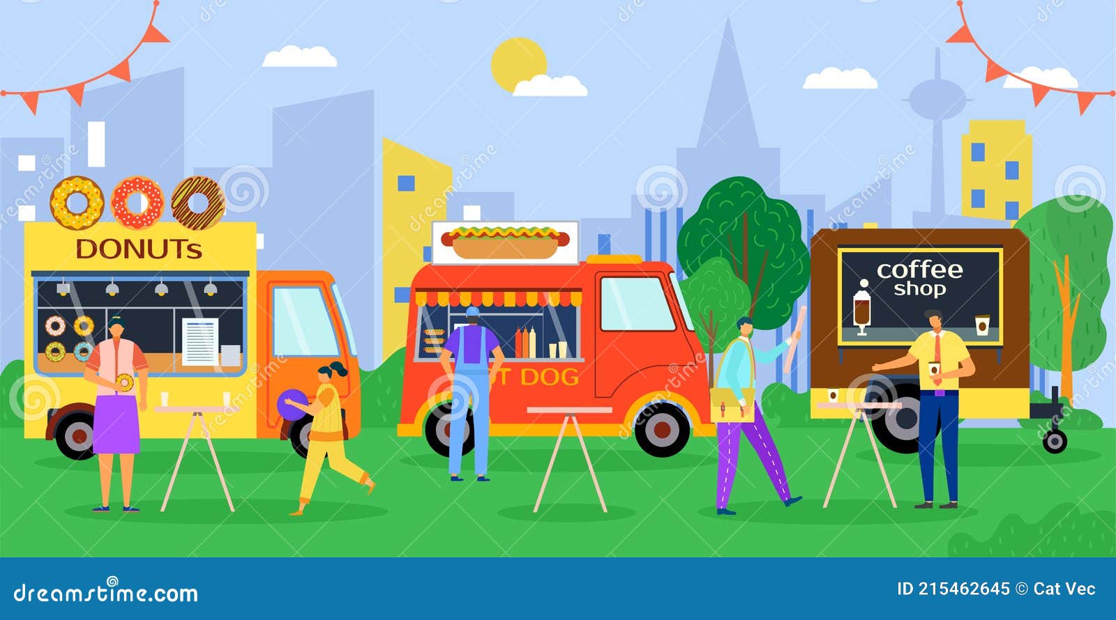 Street Food in Park, Vector Illustration. People Walk Outdoor Near Food  Truck, Flat City Festival with Cartoon Shops Stock Vector - Illustration of  snack, woman: 215462645