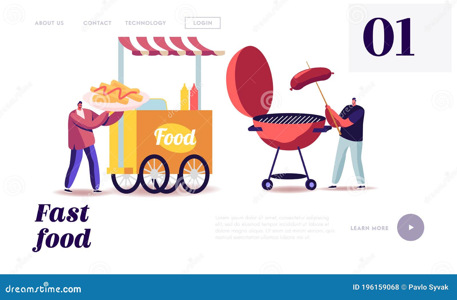 street food, takeaway junk meals from wheeled food truck landing page template. male friend characters eating streetfood