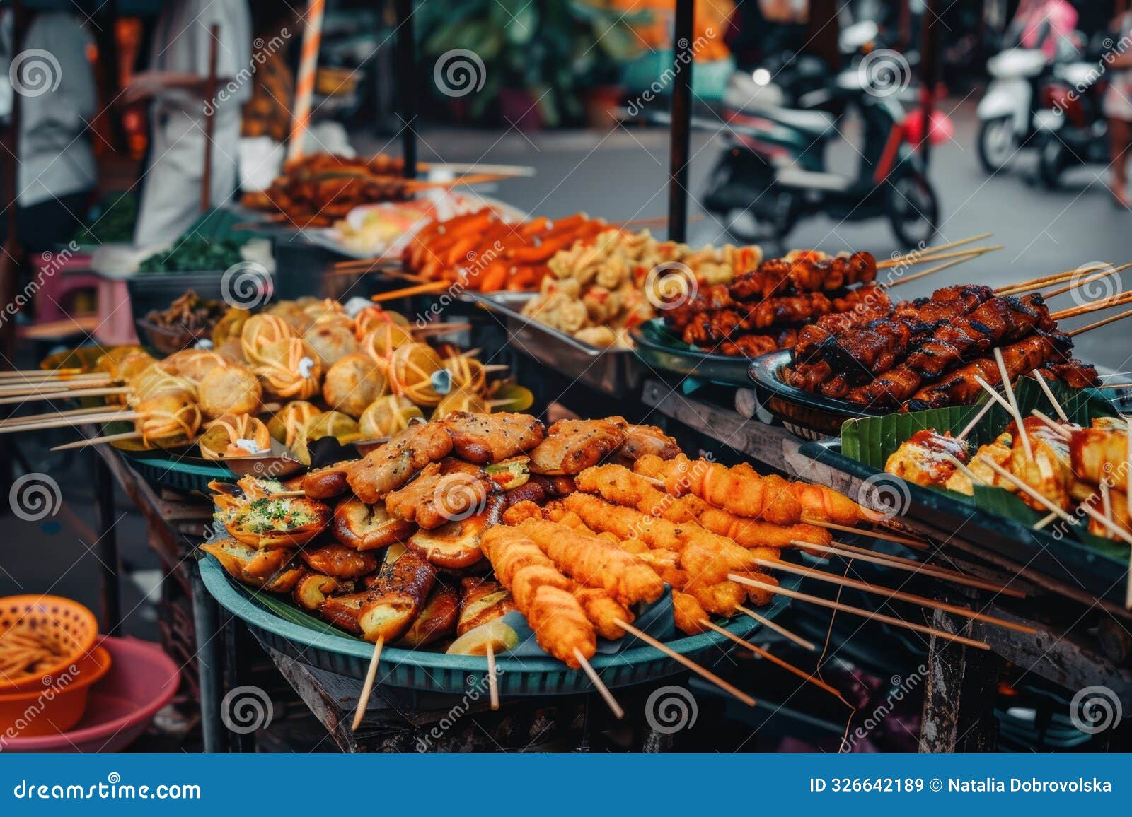 street food for tourists, vibrant stalls offering diverse, delicious, and exotic flavors.