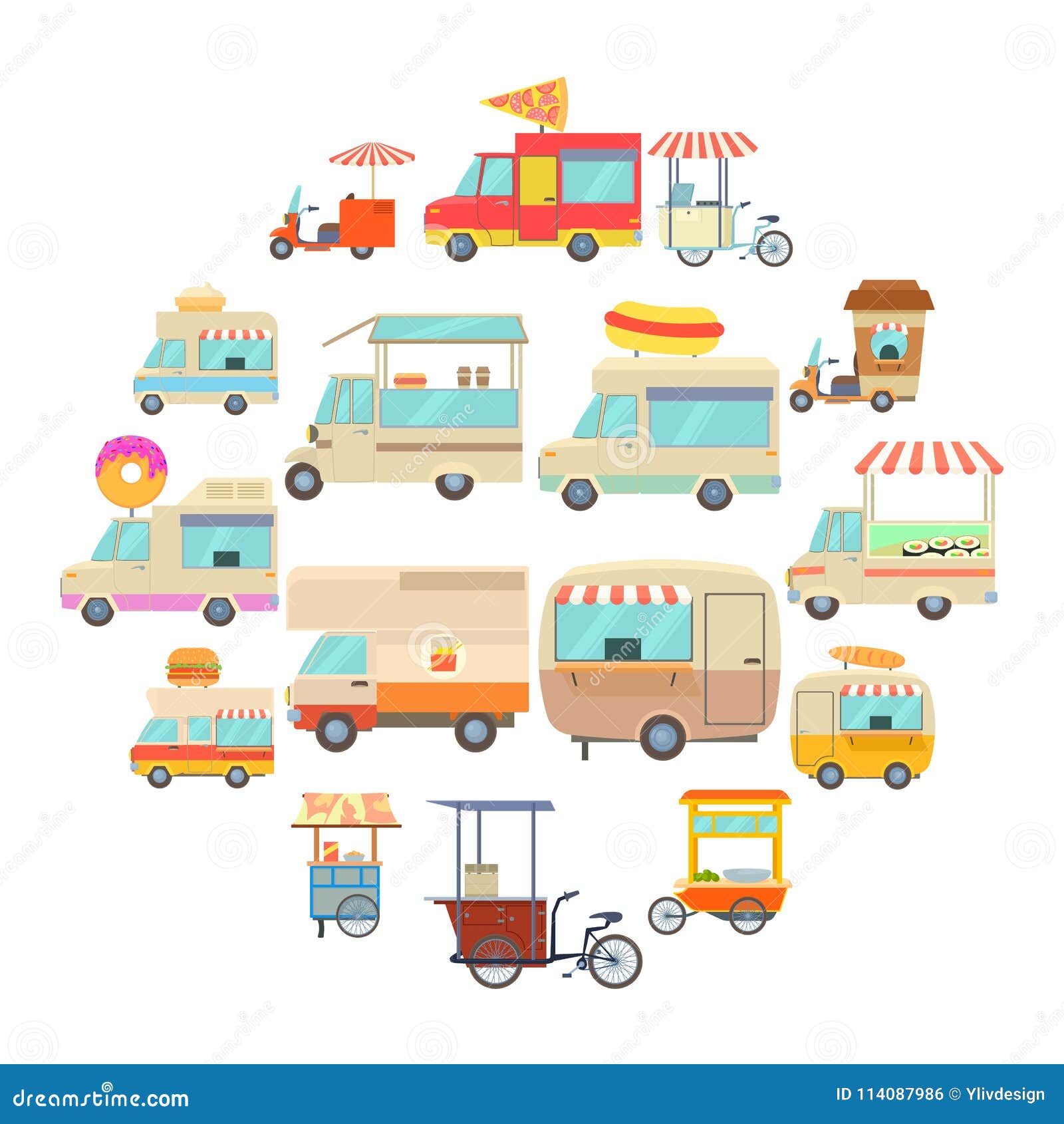 Street Food Vehicles Icons Set, Cartoon Style Stock Vector