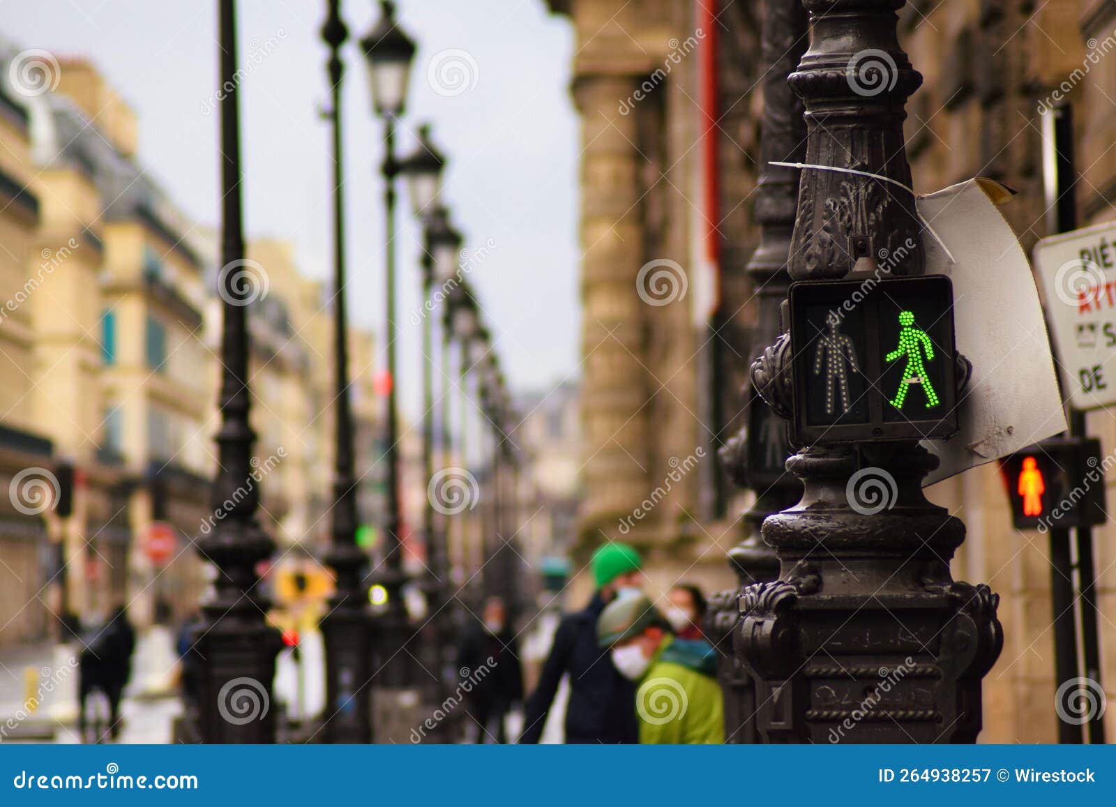 Street Light with a Green Pedestrian Sign on it Stock Image Image of