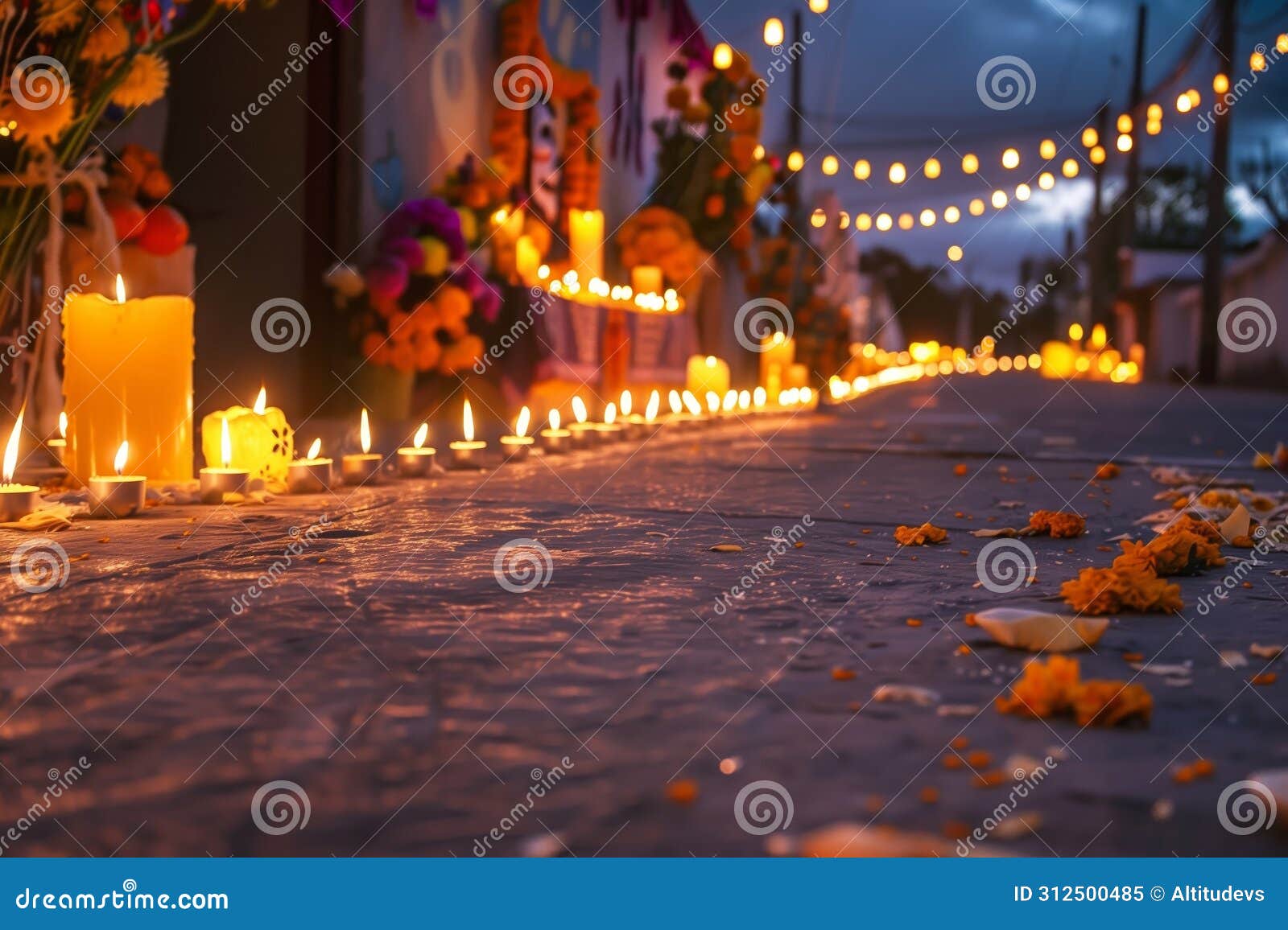 street lined with candles leading to an ofrenda at dusk