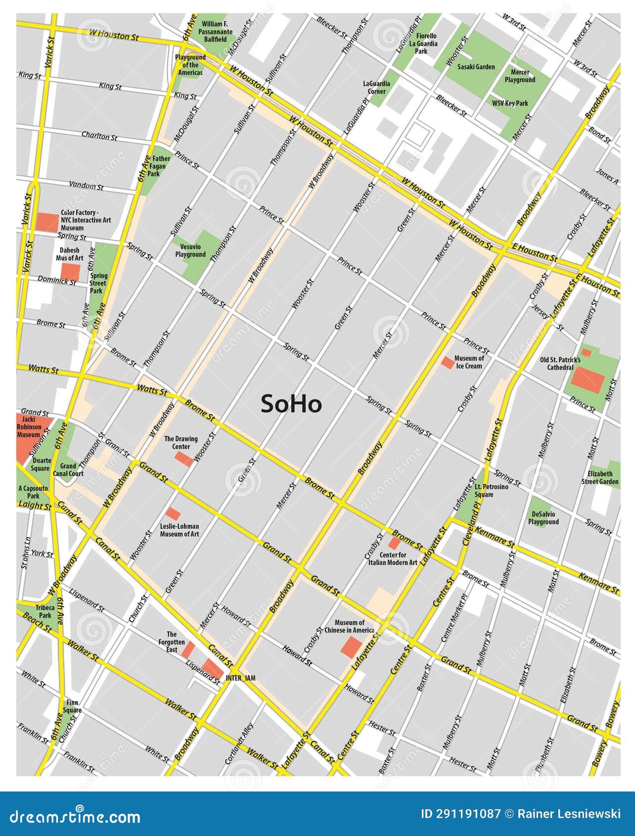 street map of the new york neighborhood soho, lower manhattan, new york city
