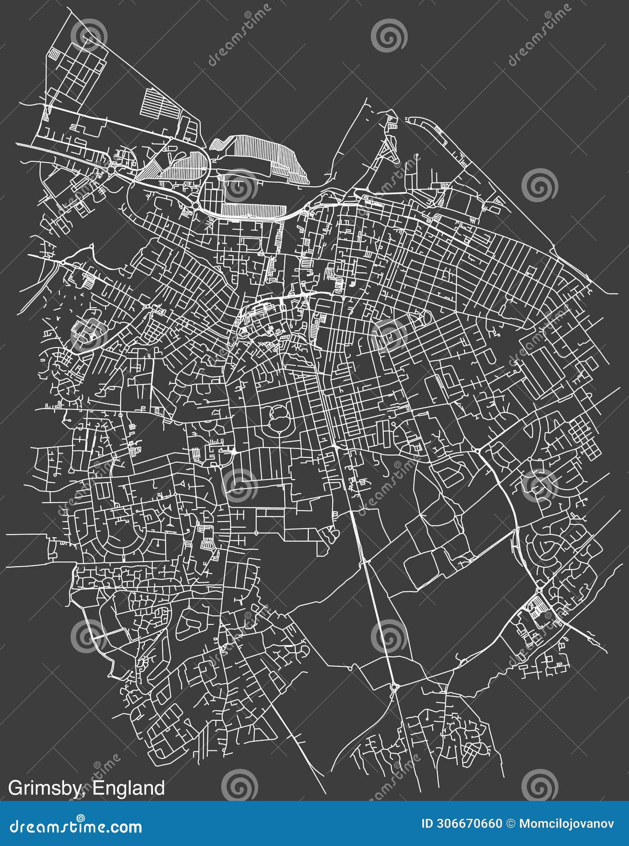 Street Roads Map of the British City of GRIMSBY, ENGLAND Stock Vector Illustration of journey