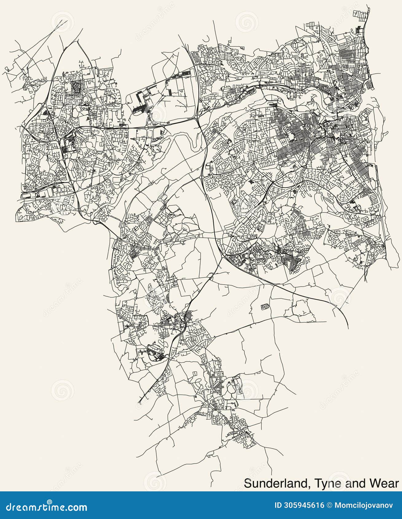 street roads map of the metropolitan borough and city of sunderland, tyne and wear